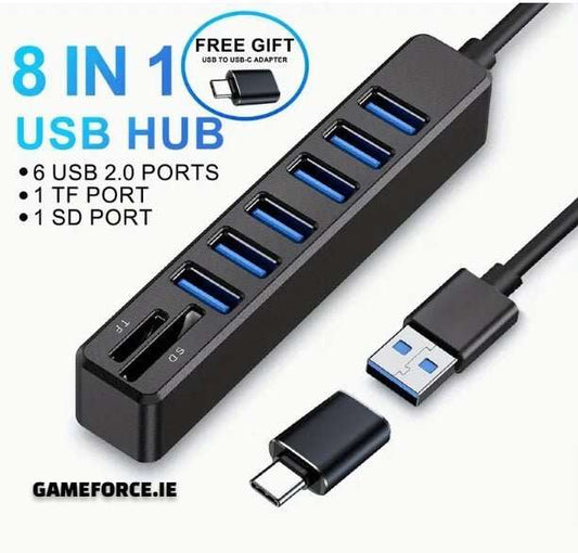 ARES 8-in-1 USB hub - clear product hero shot showing the hub body, attached 1m cable, and USB-to-Type-C adapter for context and scale.