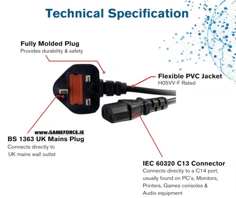 PC-Link Power Cable UK 3 Prong Plug C2G -C13 3 Meter For Gaming PCs / Office PCs and Workstations along with many other Appliances, - TECHDIRECT GAMEFORCE.IE - Ireland - Carlow - Dublin - Cork