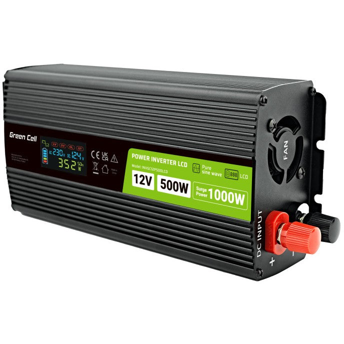 Green Cell Przetwornica napicia PowerInverter LCD 12 V 500W/1000W Przetwornica samochodowa z wywietlaczem - czysty sinus