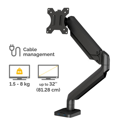 Fellowes Platinum Series Monitor Arm - Monitor Mount for 8KG 32 Inch Screens - Adjustable Monitor Desk Mount - Tilt 45° Pan 180° Swivel 360° Rotation 360°, VESA 75 x 75/100 x 100 - Black