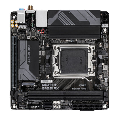 GIGABYTE B650I AX Motherboard - AMD Ryzen 9000 Series CPUs, 5+2+1 Phases VRM, up to 6400MHz DDR5 (OC), 1xPCIe 4.0 M.2, 2.5GbE LAN, WIFI 6E, USB 3.2 Gen 2