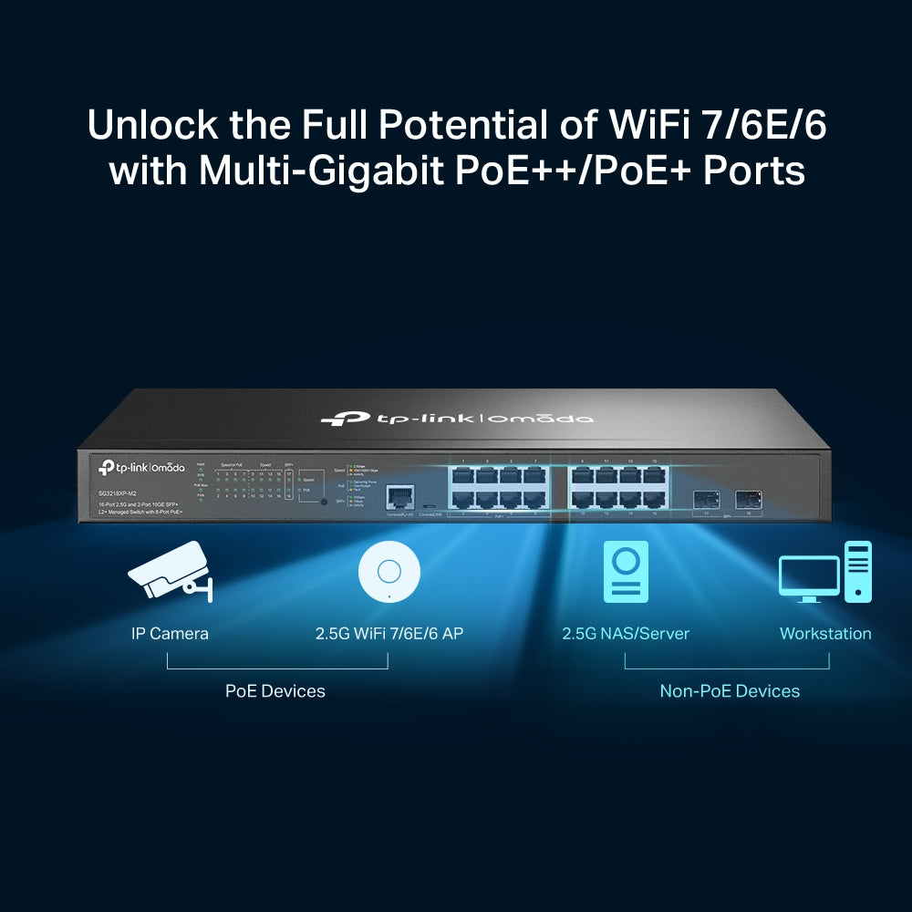 TP-Link Omada 16-Port 2.5G and 2-Port 10GE SFP+ L2+ Managed Switch with 8-Port PoE+