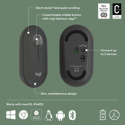 Logitech Pebble 2 M350s mouse Travel Ambidextrous RF Wireless + Bluetooth Optical 4000 DPI