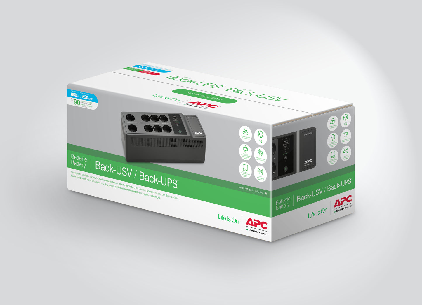 APC Back-UPS BE850G2-GR - Emergency power supply 8x socket, 850VA, 2 USB chargers, 1 USB data port