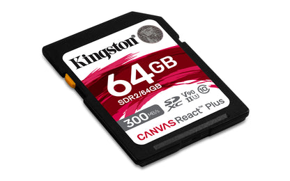 Kingston Technology 64GB Canvas React Plus SDXC UHS-II 300R/260W U3 V90 for Full HD/4K/8K