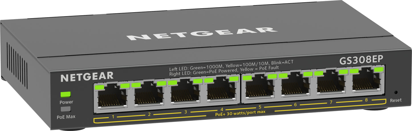 NETGEAR 8-Port Gigabit Ethernet PoE+ Plus Switch (GS308EP) Managed L2/L3 Gigabit Ethernet (10/100/1000) Power over Ethernet (PoE) Black