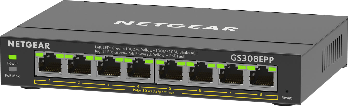 NETGEAR 8-Port Gigabit Ethernet High-Power PoE+ Plus Switch (GS308EPP) Managed L2/L3 Gigabit Ethernet (10/100/1000) Power over Ethernet (PoE) Black