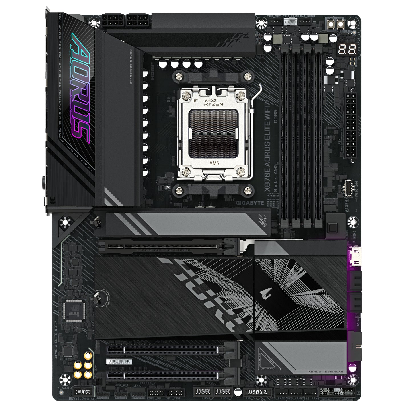 GIGABYTE X870E AORUS ELITE WIFI7 Motherboard - Supports AMD Ryzen 9000 CPUs, 16+2+2 Phases Digital VRM, up to 8000Hz DDR5 (OC), 3xPCIe 5.0 + 1xPCIe 4.0, Wi-Fi 7, 2.5GbE LAN, USB 4