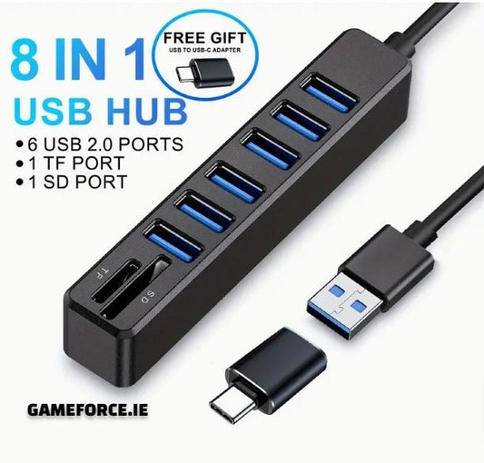 ARES 8 In 1 Hub, USB Splitter, 6-Port USB Hub, External Combi USB 2.0 Hub, SD/TF Card Reader, Multi-Function Card Reader Compatible With MacBook Pro/Air USB C Laptops And Other Type C Devices. - TECHDIRECT GAMEFORCE.IE -  Ireland - Carlow - Dublin - Cork