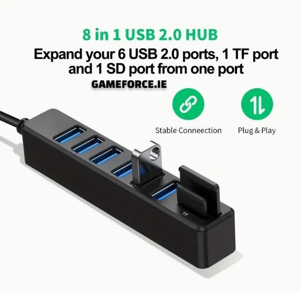 ARES 8 In 1 Hub, USB Splitter, 6-Port USB Hub, External Combi USB 2.0 Hub, SD/TF Card Reader, Multi-Function Card Reader Compatible With MacBook Pro/Air USB C Laptops And Other Type C Devices. - TECHDIRECT GAMEFORCE.IE -  Ireland - Carlow - Dublin - Cork