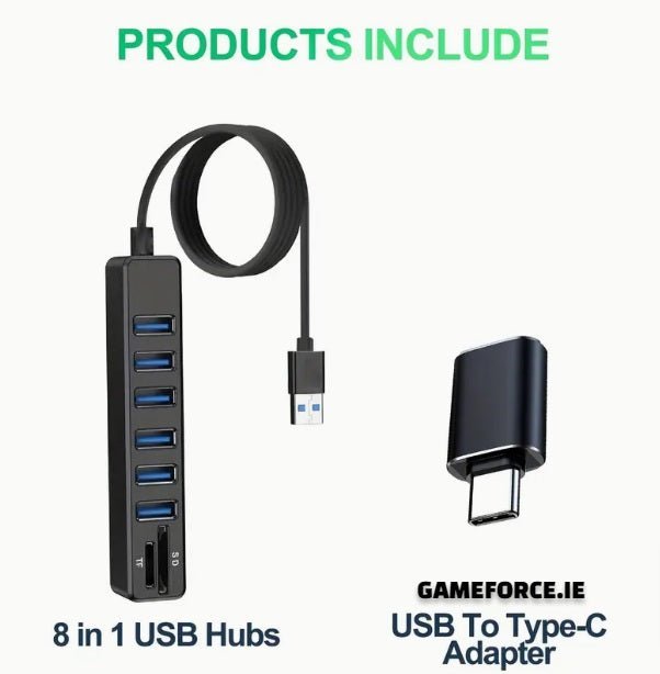 ARES 8 In 1 Hub, USB Splitter, 6-Port USB Hub, External Combi USB 2.0 Hub, SD/TF Card Reader, Multi-Function Card Reader Compatible With MacBook Pro/Air USB C Laptops And Other Type C Devices. - TECHDIRECT GAMEFORCE.IE -  Ireland - Carlow - Dublin - Cork