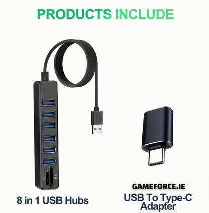 ARES 8 In 1 Hub, USB Splitter, 6-Port USB Hub, External Combi USB 2.0 Hub, SD/TF Card Reader, Multi-Function Card Reader Compatible With MacBook Pro/Air USB C Laptops And Other Type C Devices. - TECHDIRECT GAMEFORCE.IE -  Ireland - Carlow - Dublin - Cork
