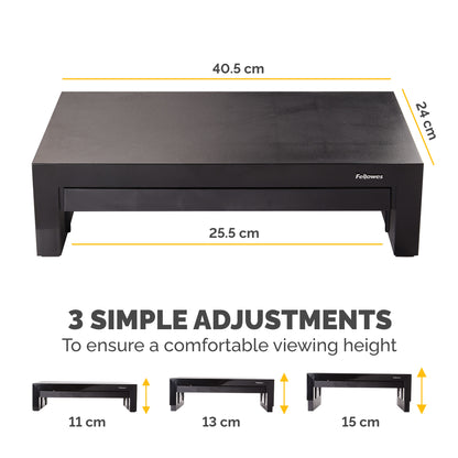 Fellowes Computer Monitor Stand with 3 Height Adjustments - Designer Suites Monitor Riser with Storage Tray - Ergonomic Adjustable Monitor Stand for Computers - Max Weight 18KG/Max Size 21" - Black/Pearl