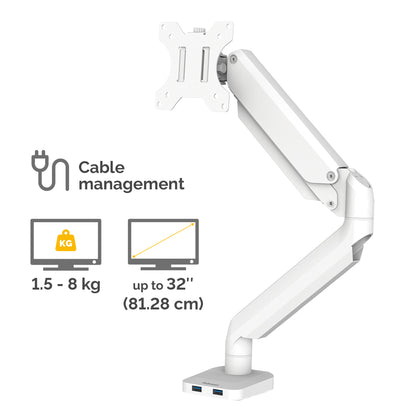 Fellowes Platinum Series Monitor Arm - Monitor Mount for 8KG 32 Inch Screens - Adjustable Monitor Desk Mount - Tilt 45° Pan 180° Swivel 360° Rotation 360°, VESA 75 x 75/100 x 100 - White